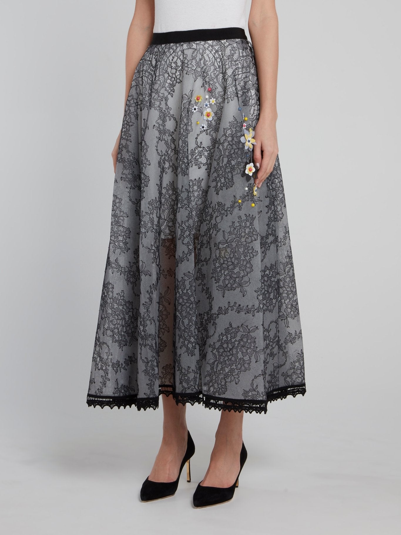 Floral Embellished Lace Midi Skirt