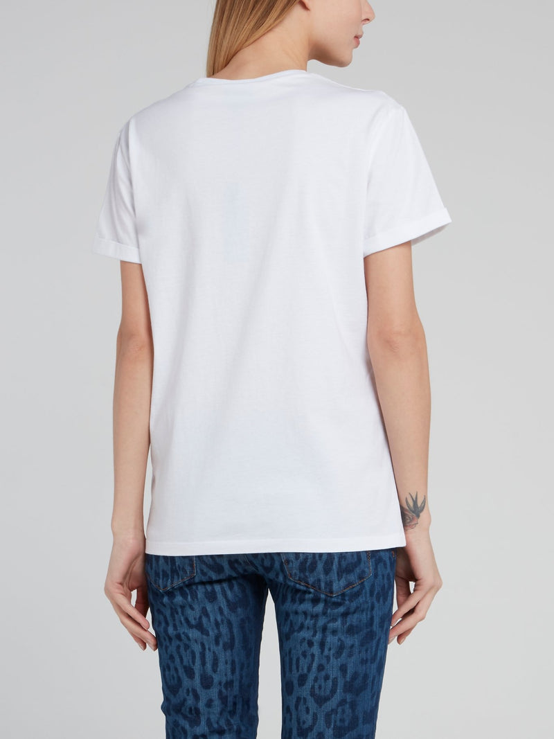White Graphic Print Logo Cotton T-Shirt