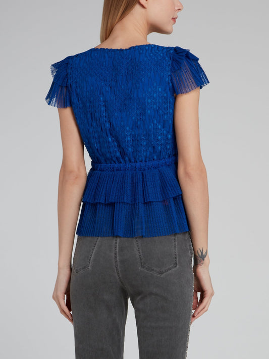 Blue Surplice Ruffle Tulle Top