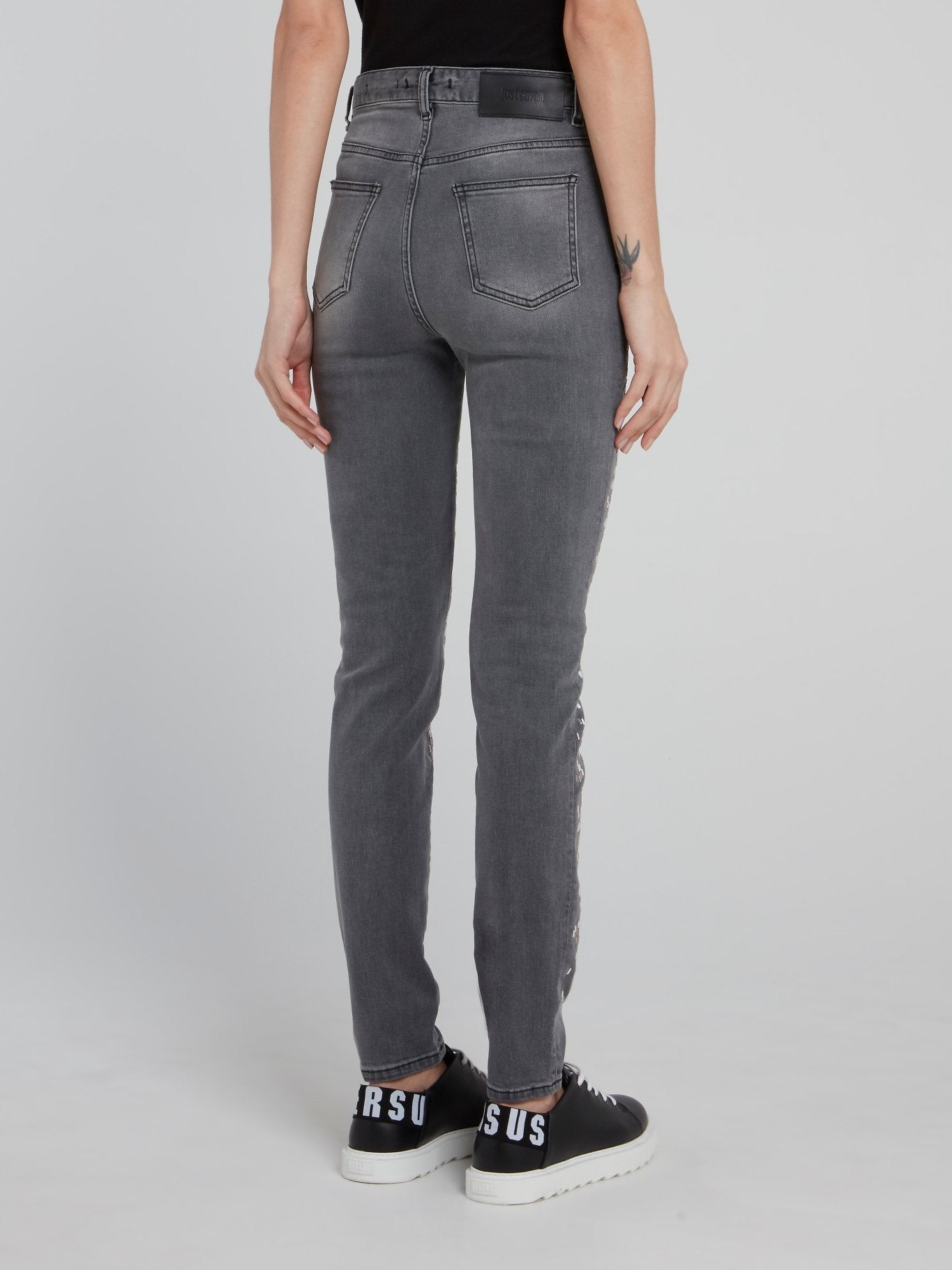 Grey Snake Effect Embellished Denim Jeans