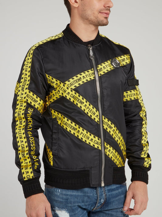 Caution Tape Skull Print Bomber Jacket