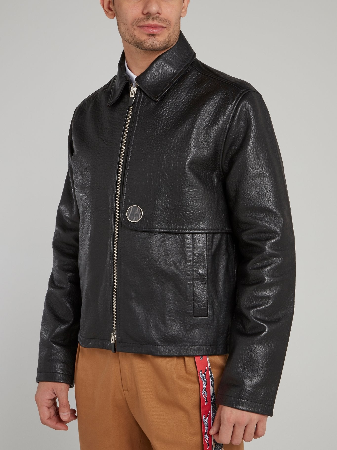 Black Zip Up Textured Leather Jacket