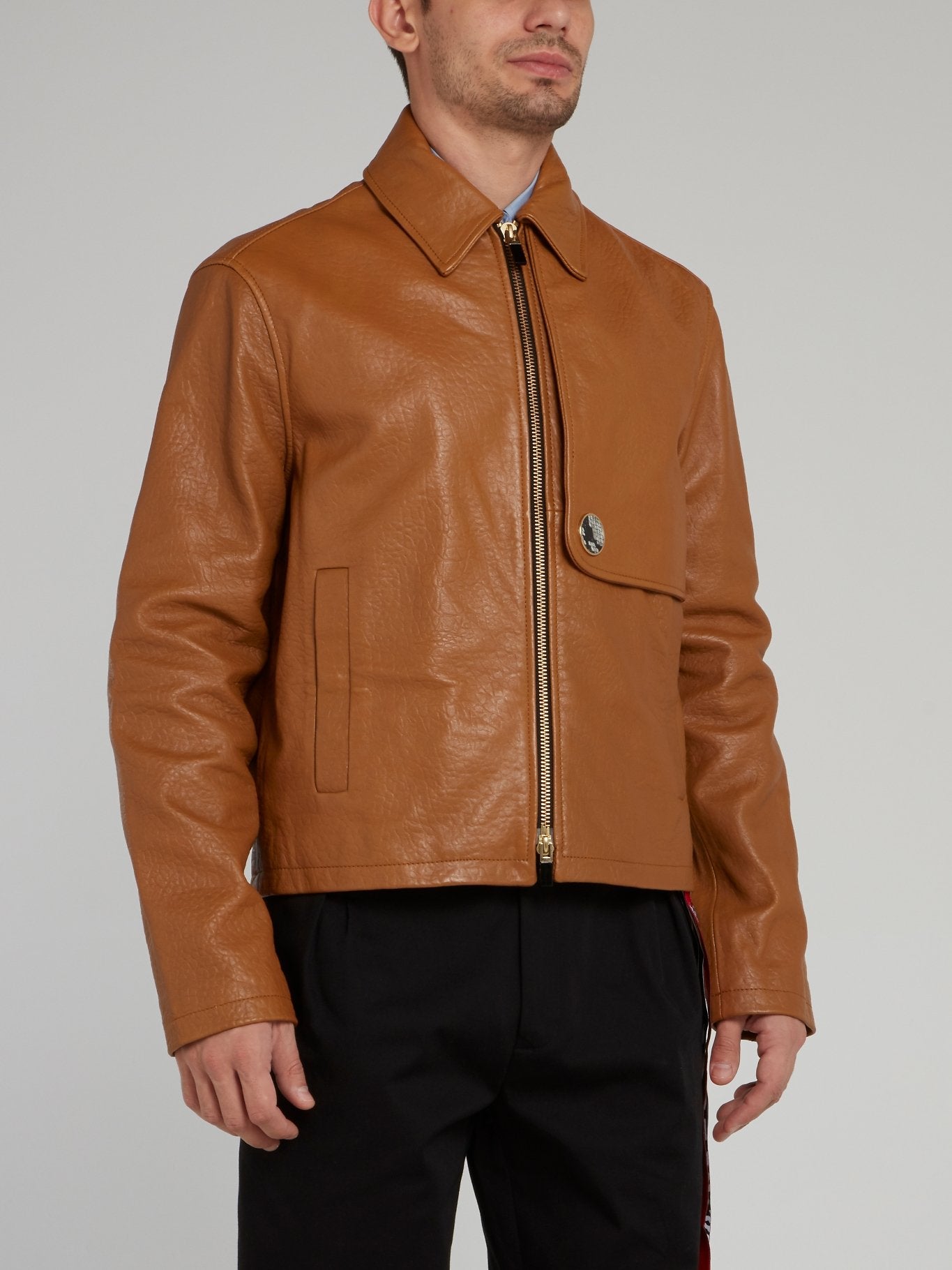 Brown Zip Up Textured Leather Jacket