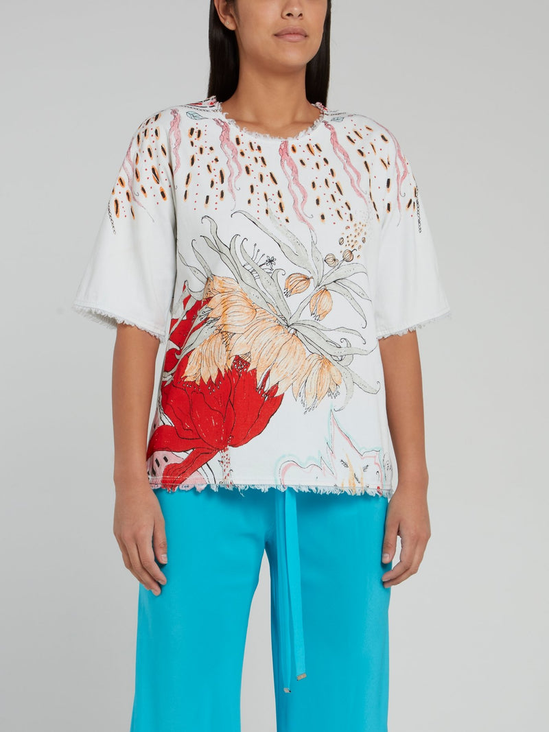 Блузка с вырезом "замочная скважина" на спине, бахромой и цветочным принтом