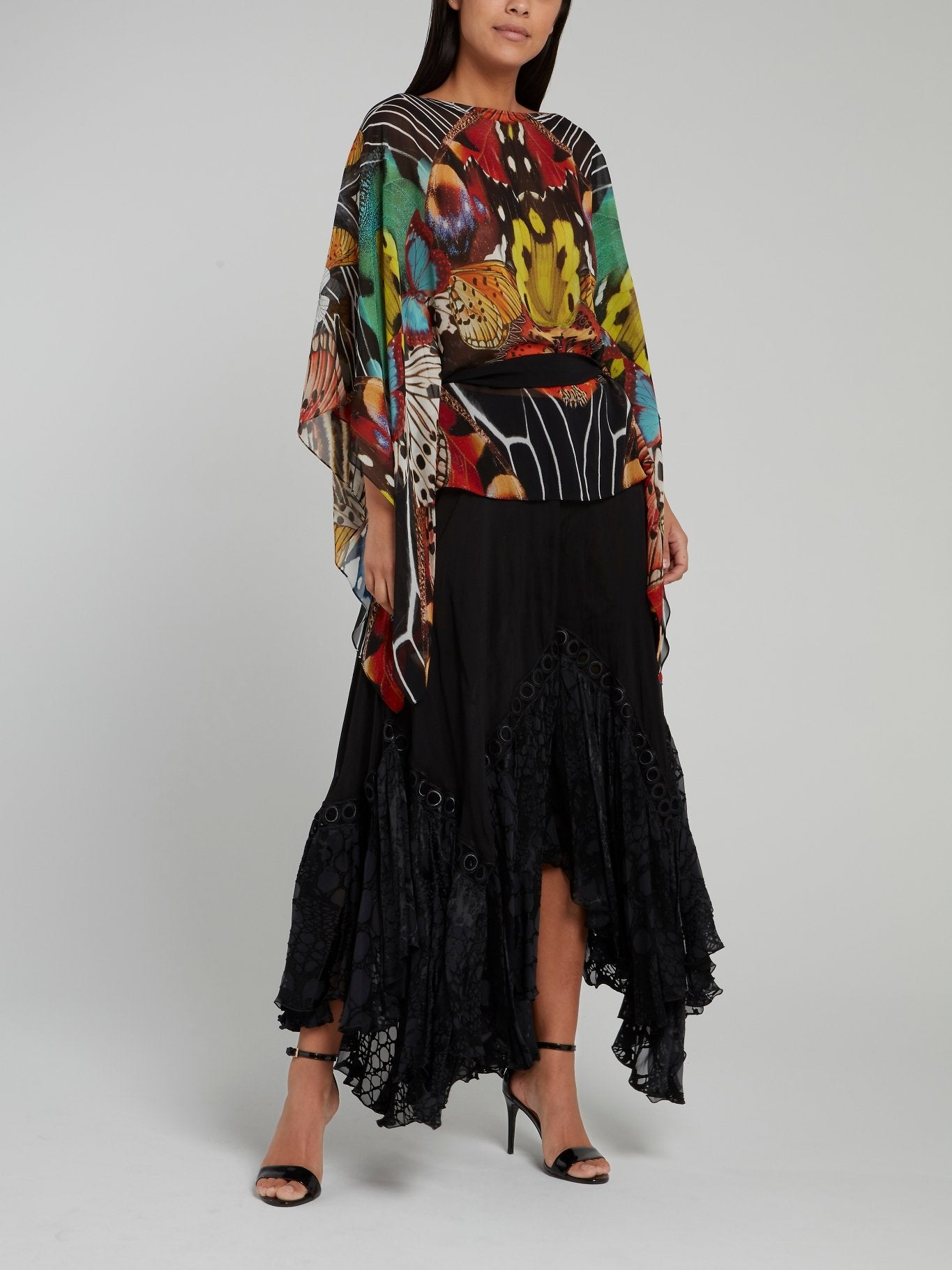 Black Butterfly Effect Flared Maxi Skirt
