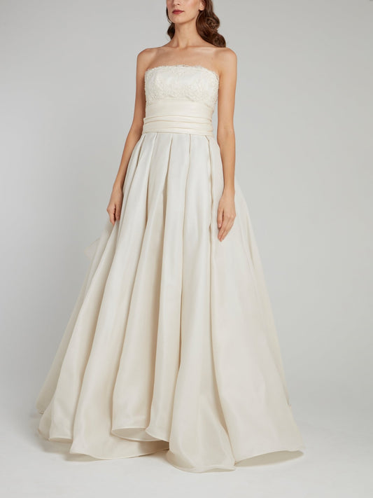 White Straight Across Ruffle Bridal Gown