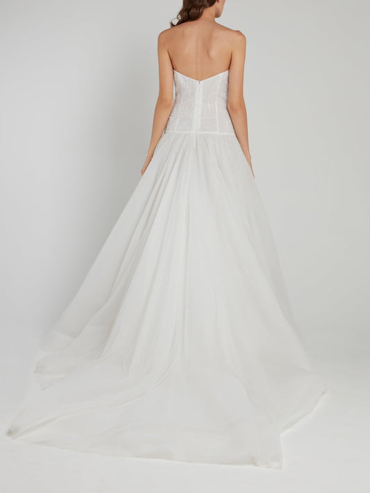 White Beaded Strapless A-Line Bridal Gown