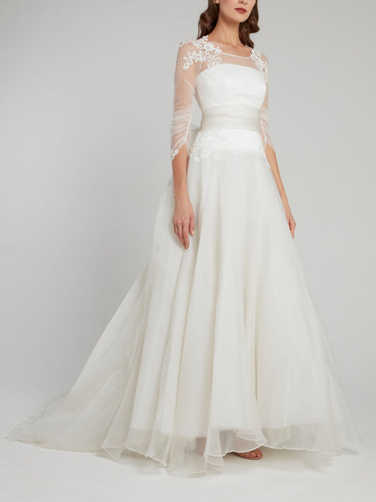 White Sheer Overlay A-Line Bridal Gown