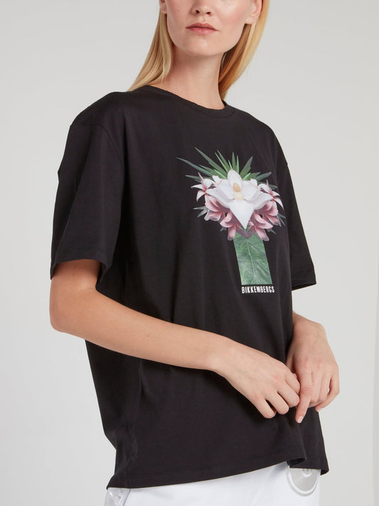Черная свободная футболка с цветочным рисунком 