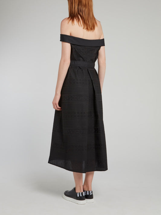 Black Off-The-Shoulder Tie Front Midi Dress