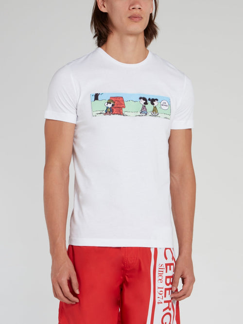 White Snoopy Comic Print Cotton T-Shirt