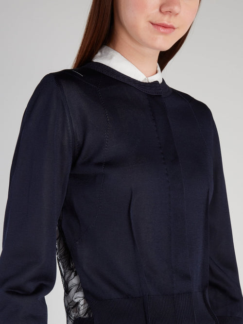 Темно-синяя блузка с прозрачной вставкой