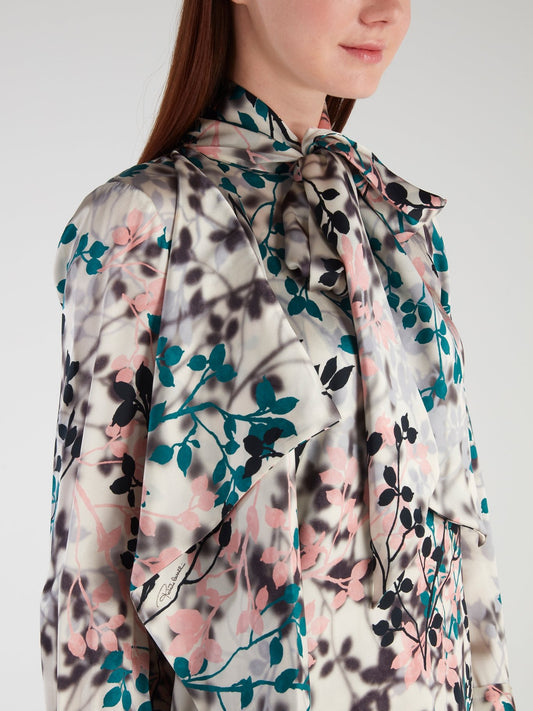 Tie Neck Floral Silk Blouse