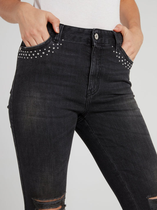 Black Studded Tattered Jeans