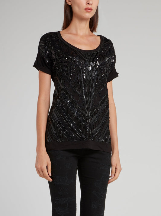 Black Beadwork Scoop Neck Shirt