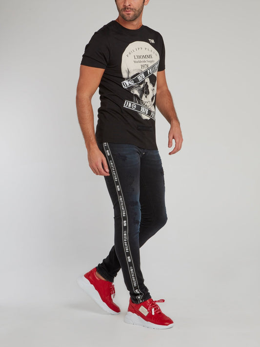 Black Logo Tape Distressed Jeans