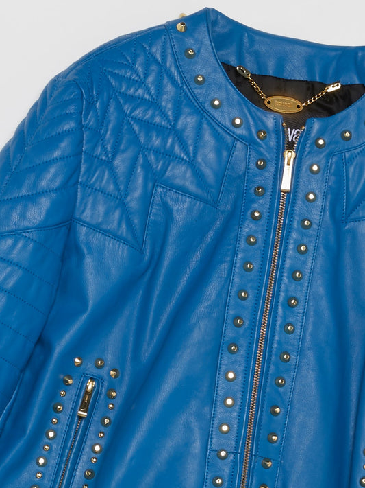 Blue Embellished Leather Jacket