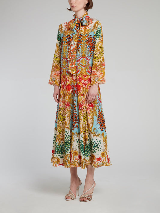Oriental Print Bow Tie Midi Dress