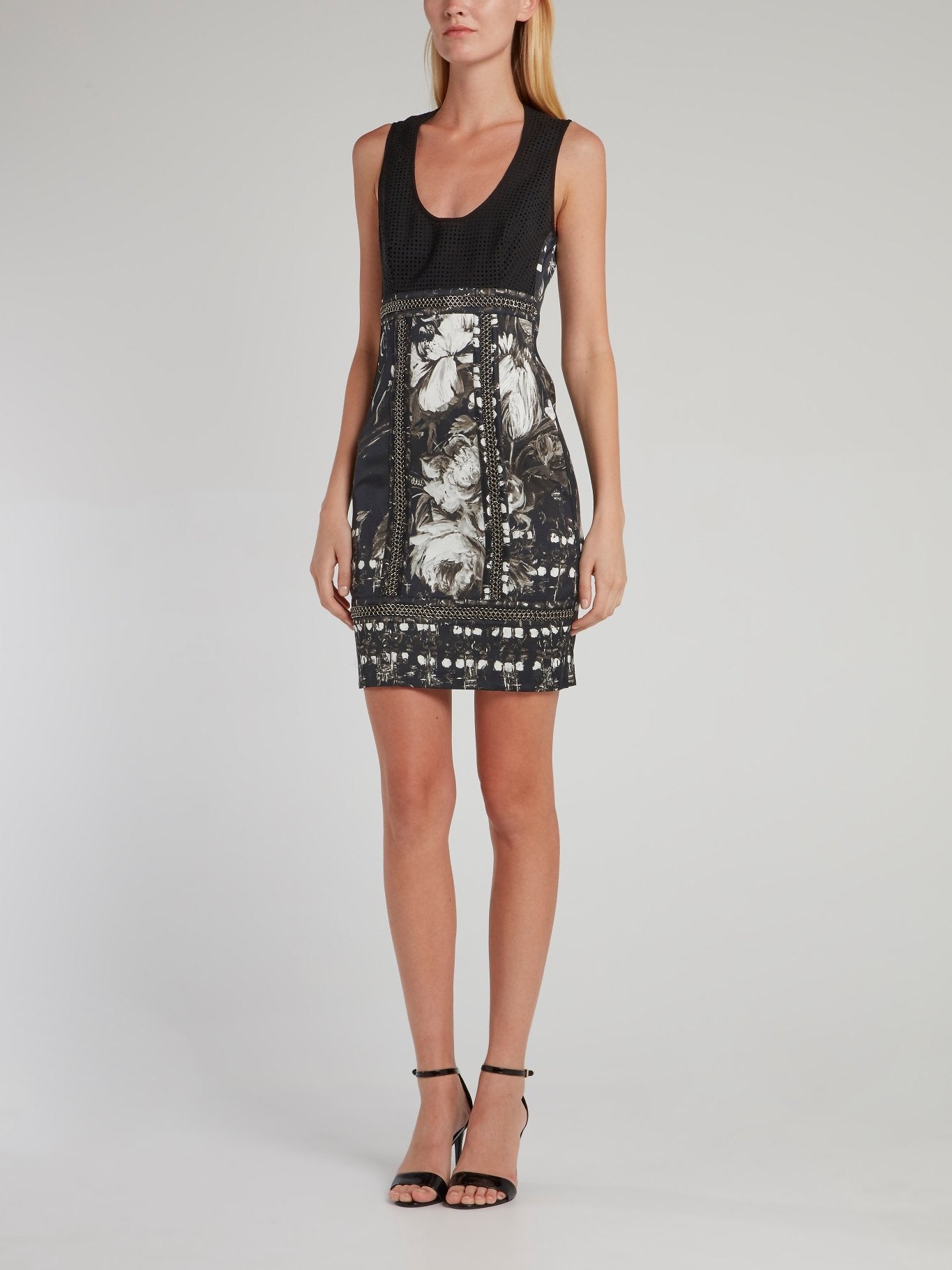 Black Perforated Bodice Floral Dress