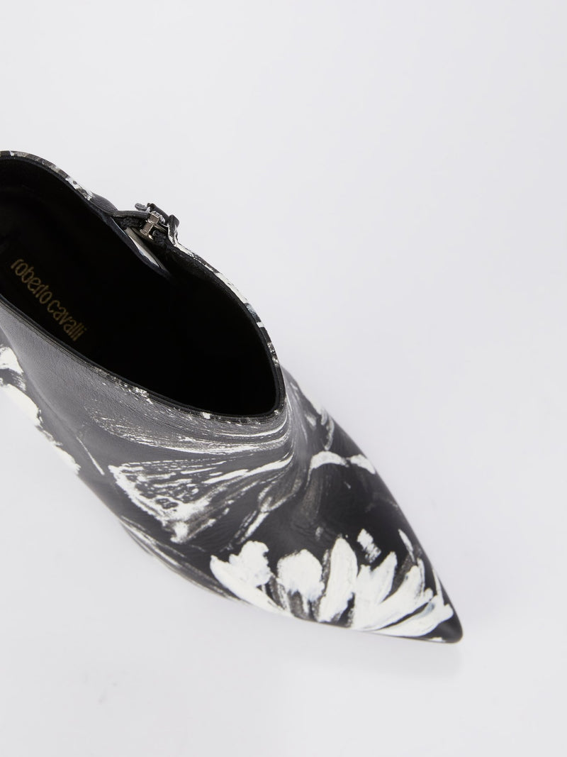 Black Floral Paint Leather Ankle Boots