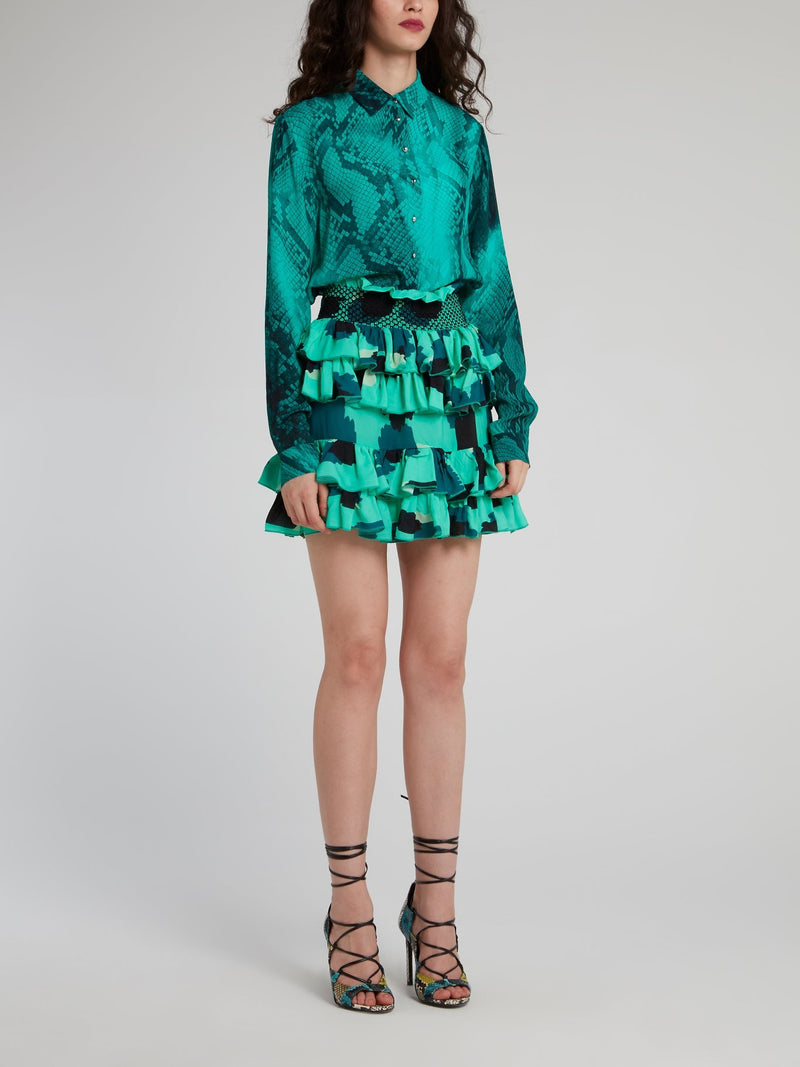 Green Python Frill Mini Dress
