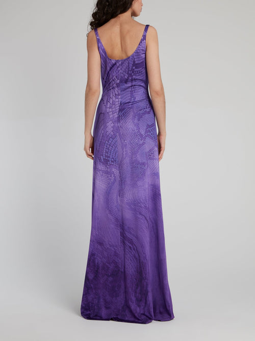 Фиолетовое платье-макси с разрезом и эффектом змеиной кожи