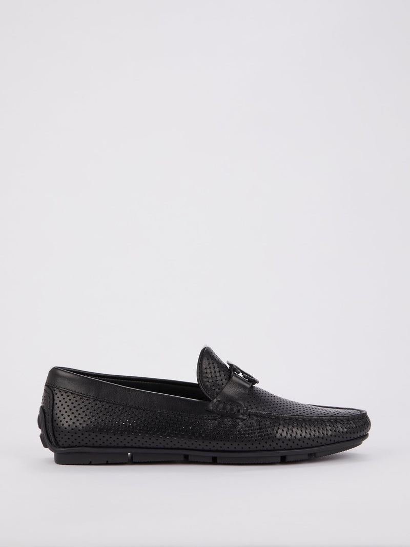 Black Perforated Leather Loafers
