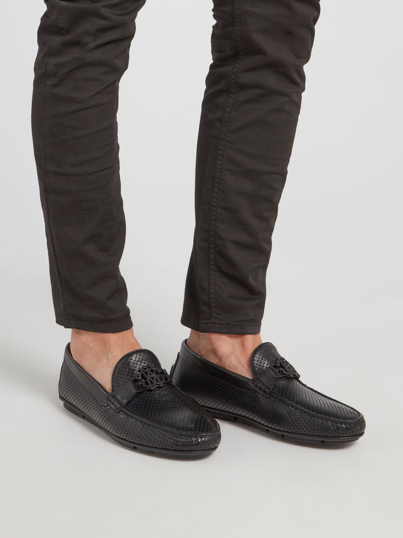 Black Perforated Leather Loafers