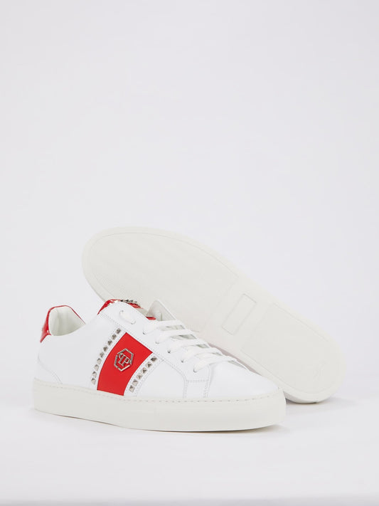 White Contrast Patch Studded Sneakers