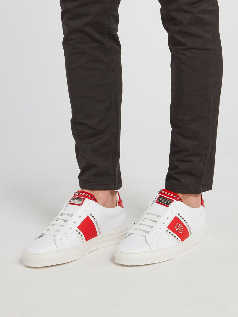 White Contrast Patch Studded Sneakers