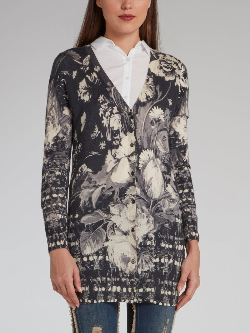 Grayscale Floral Print Cardigan