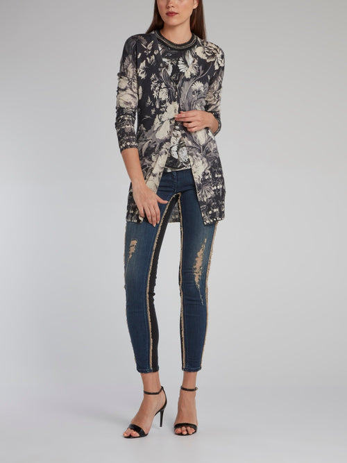 Grayscale Floral Print Cardigan