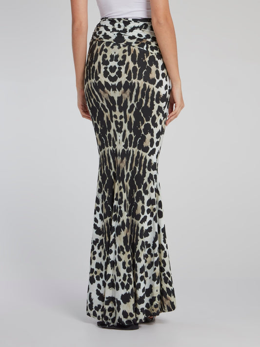 Leopard Print Draped Maxi Skirt