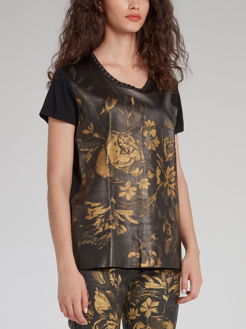 Gold Floral Print Leather Panel T-Shirt