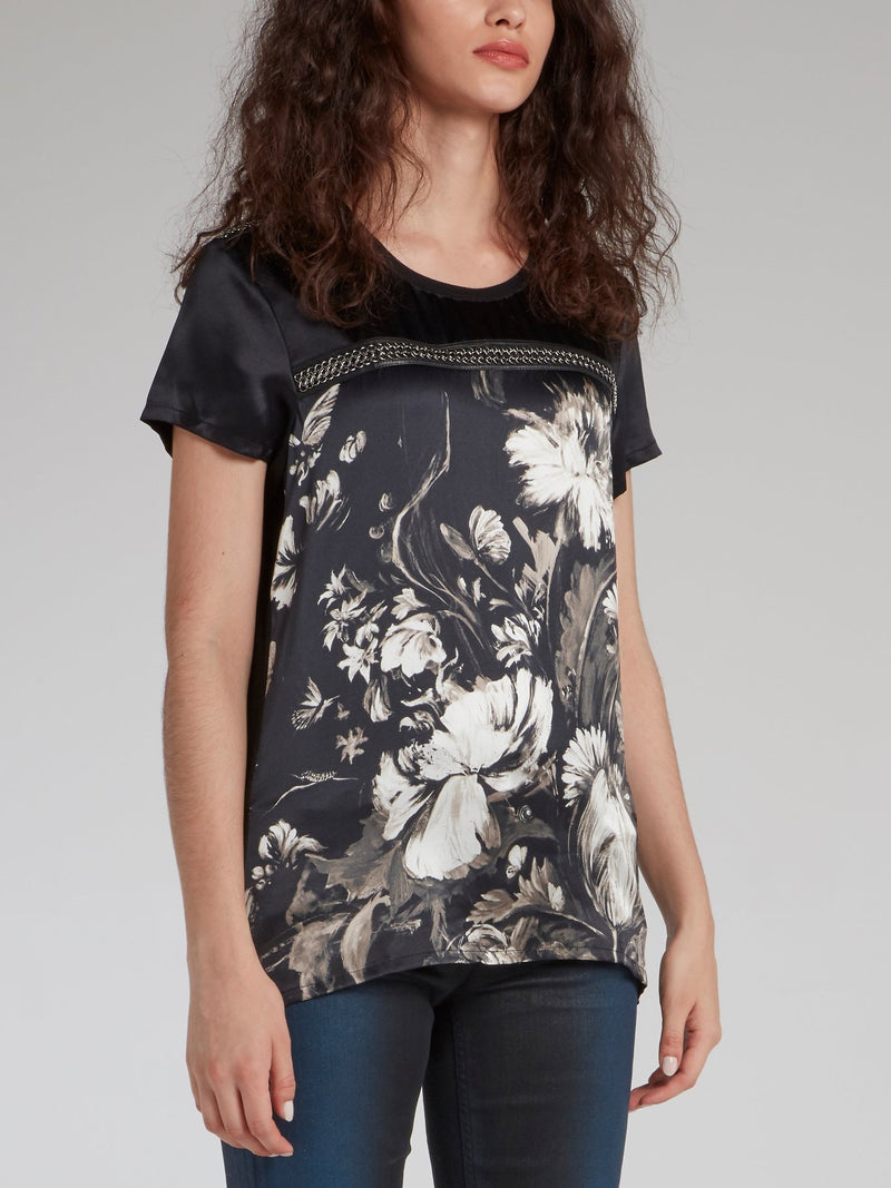 Black Chain Detail Floral T-Shirt