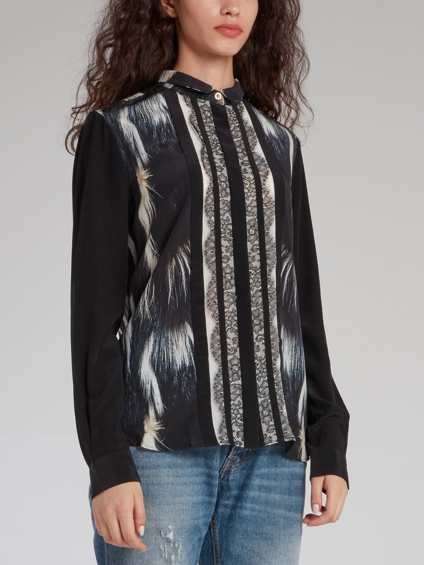 Black Fur Lace Bib Shirt