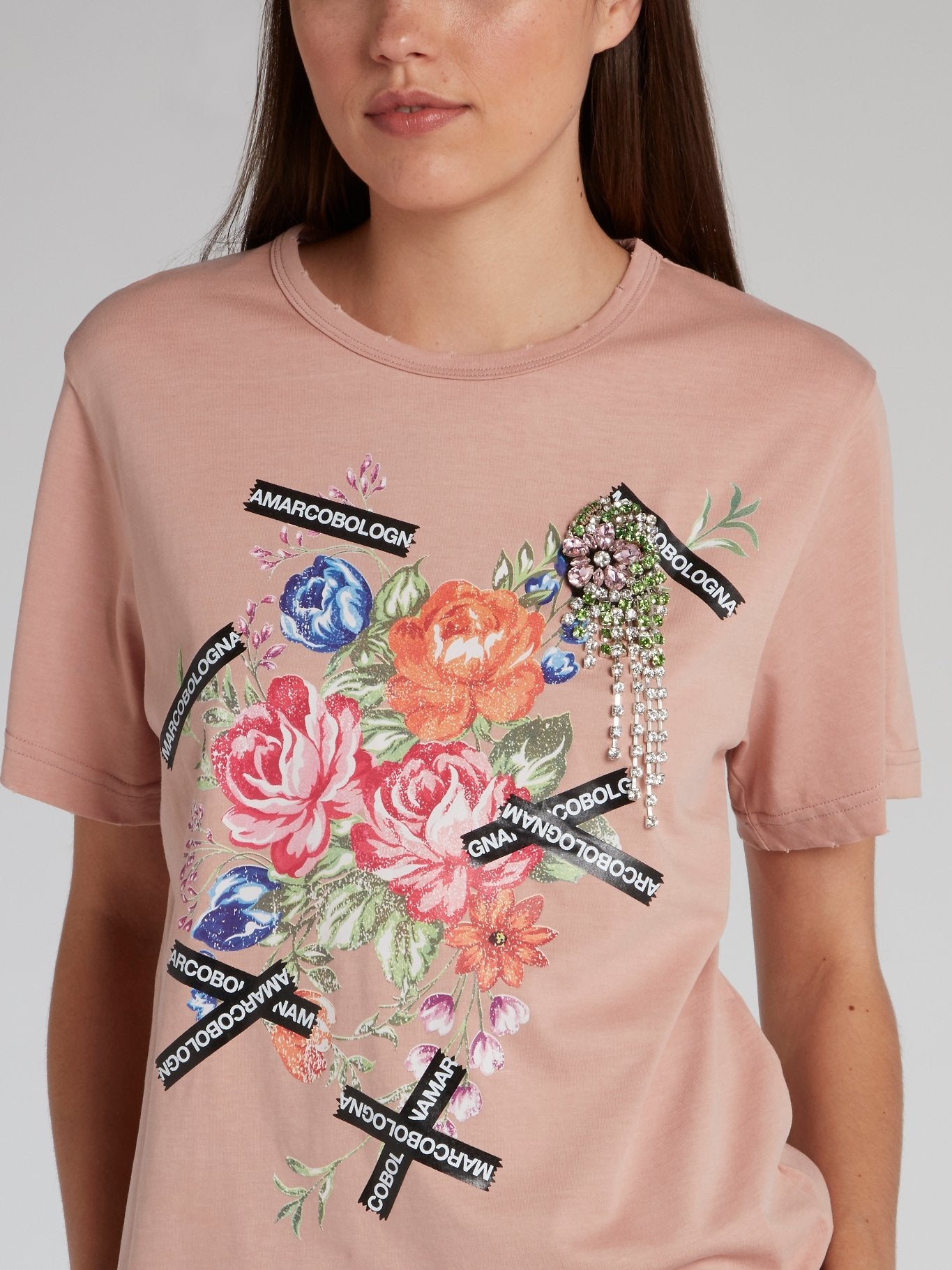 Embellished Floral Print Logo Tape T-Shirt