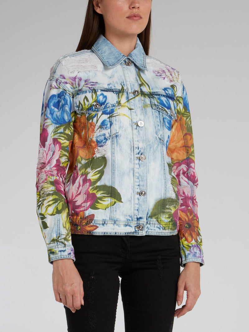 Floral Print Distressed Denim Jacket
