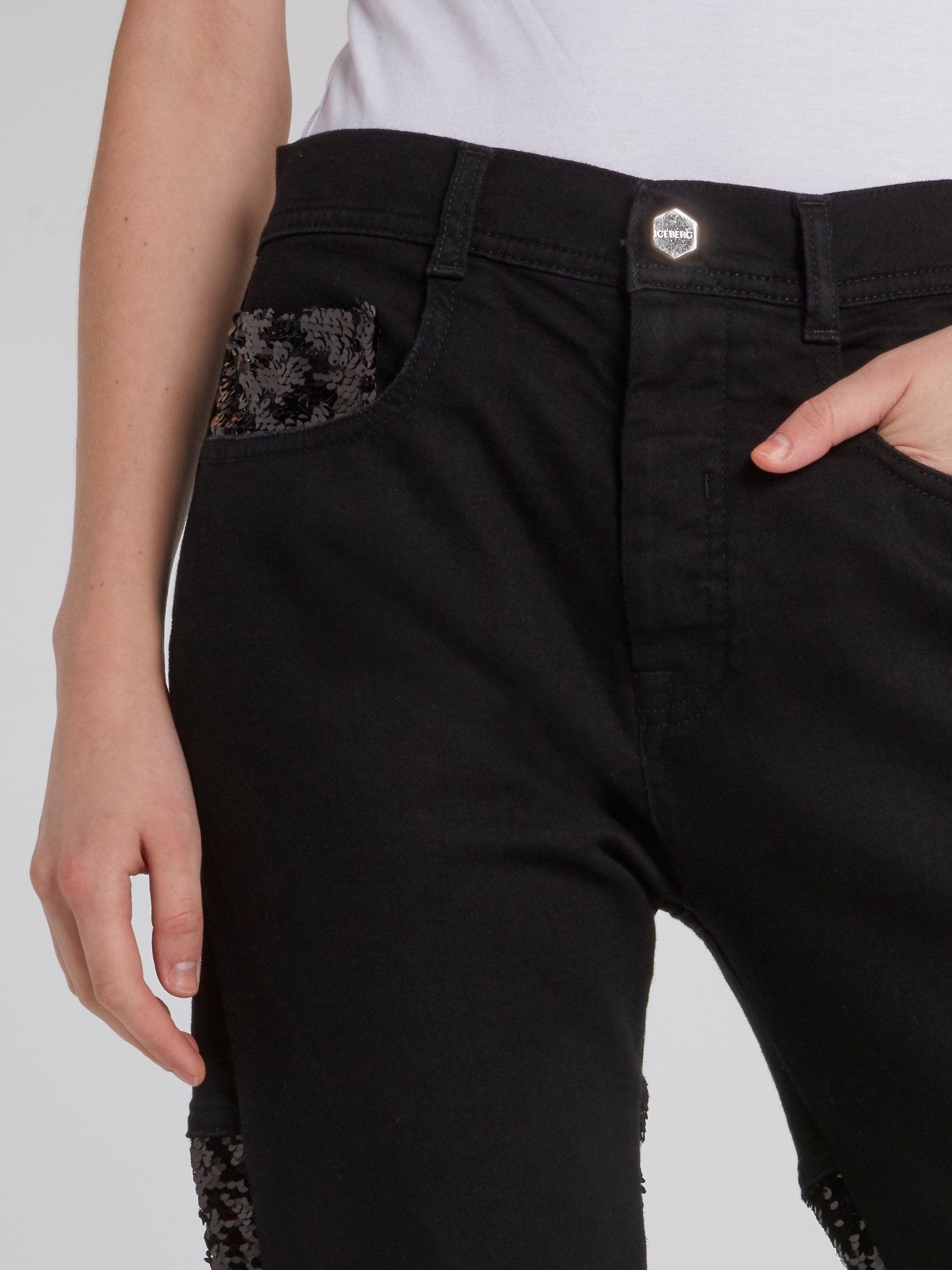 Black Logo Sequin Panel Straight Cut Jeans