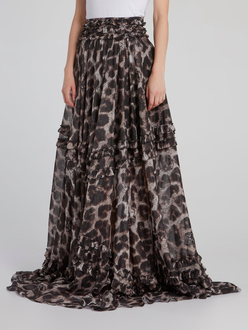 Leopard Effect Frill Detail Maxi Skirt