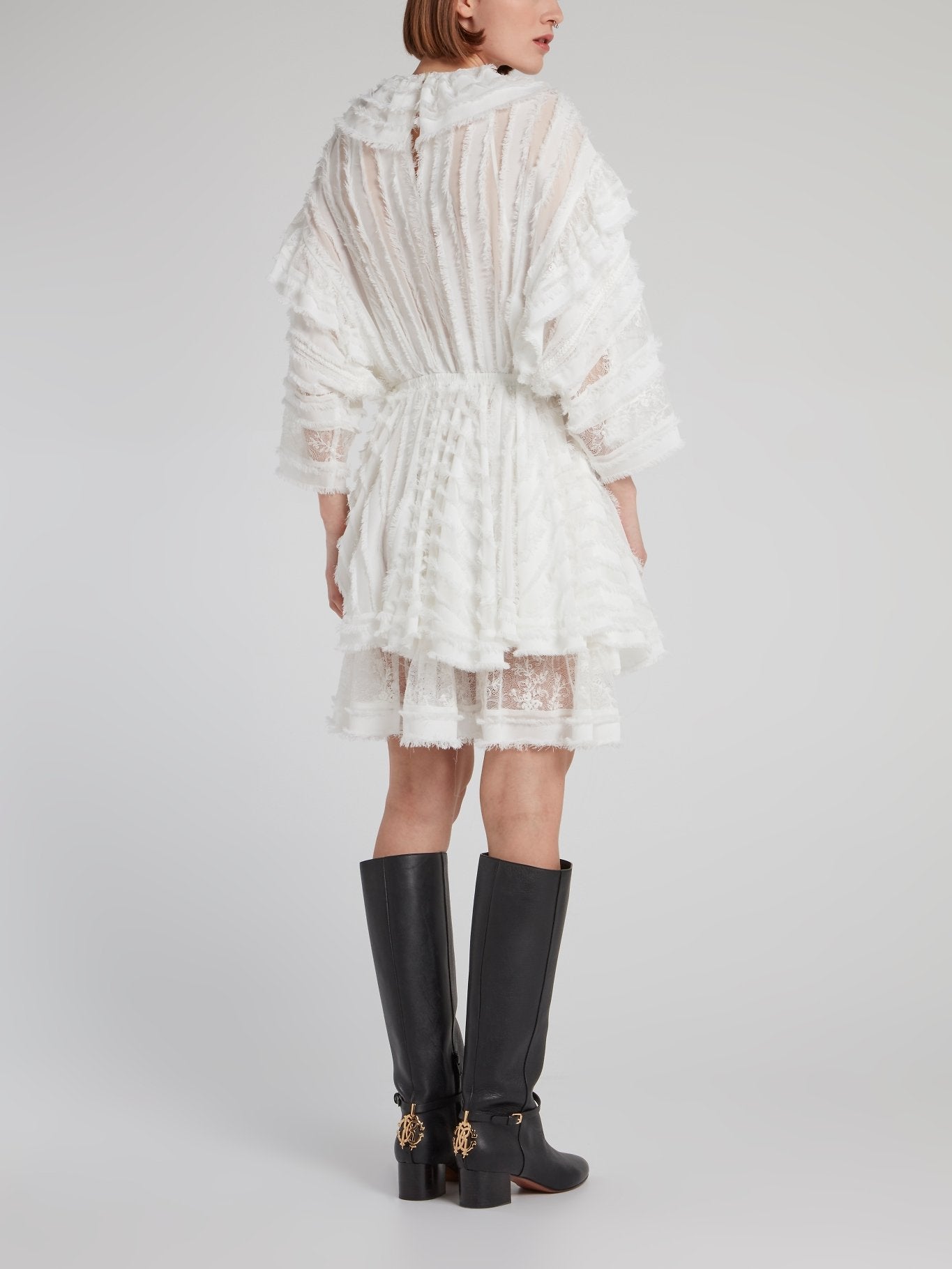 White Frayed Detail Lace Mini Dress
