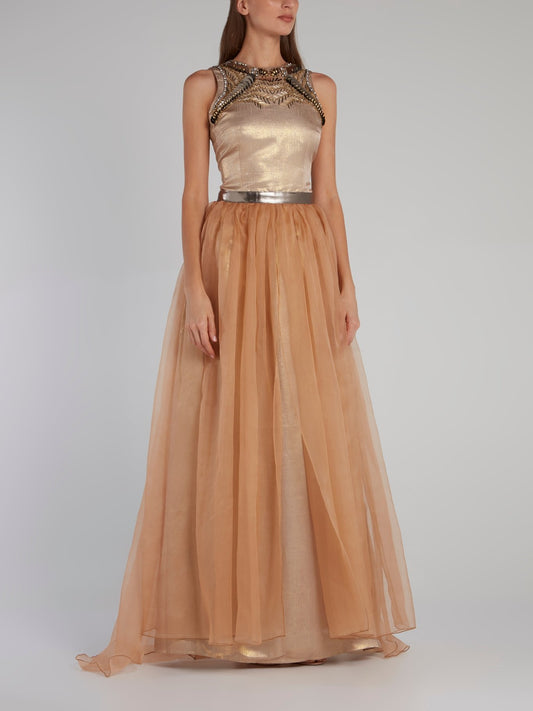 Gold Embellished Organza Overlay Dress