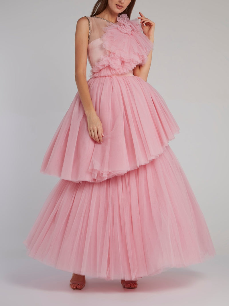 Розовое пышное платье из тюля