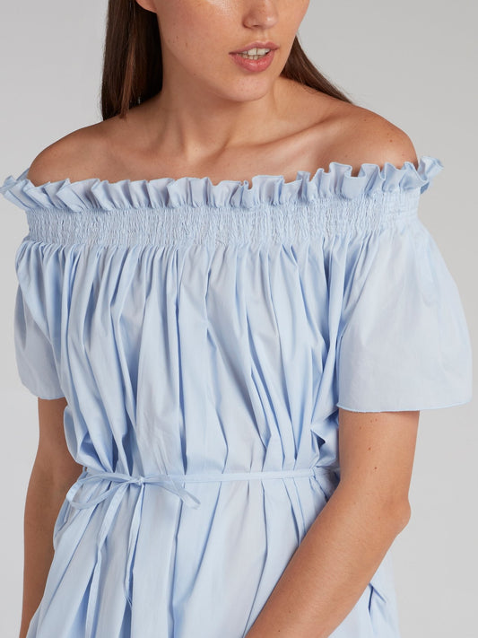 Blue Smocked Off-The-Shoulder Dress