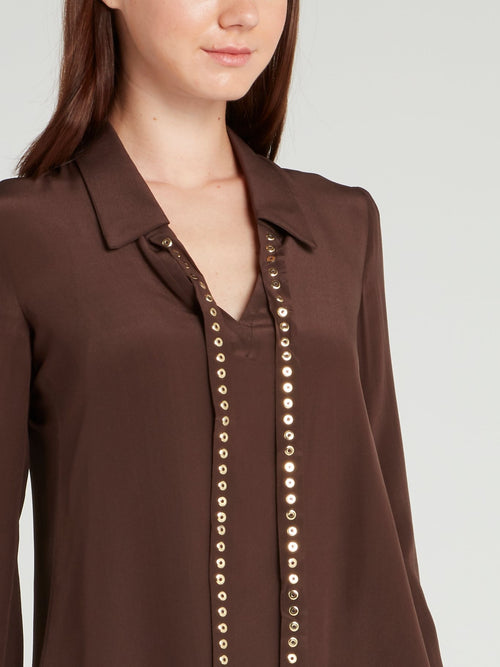 Коричневая шелковая блузка с рукавами 