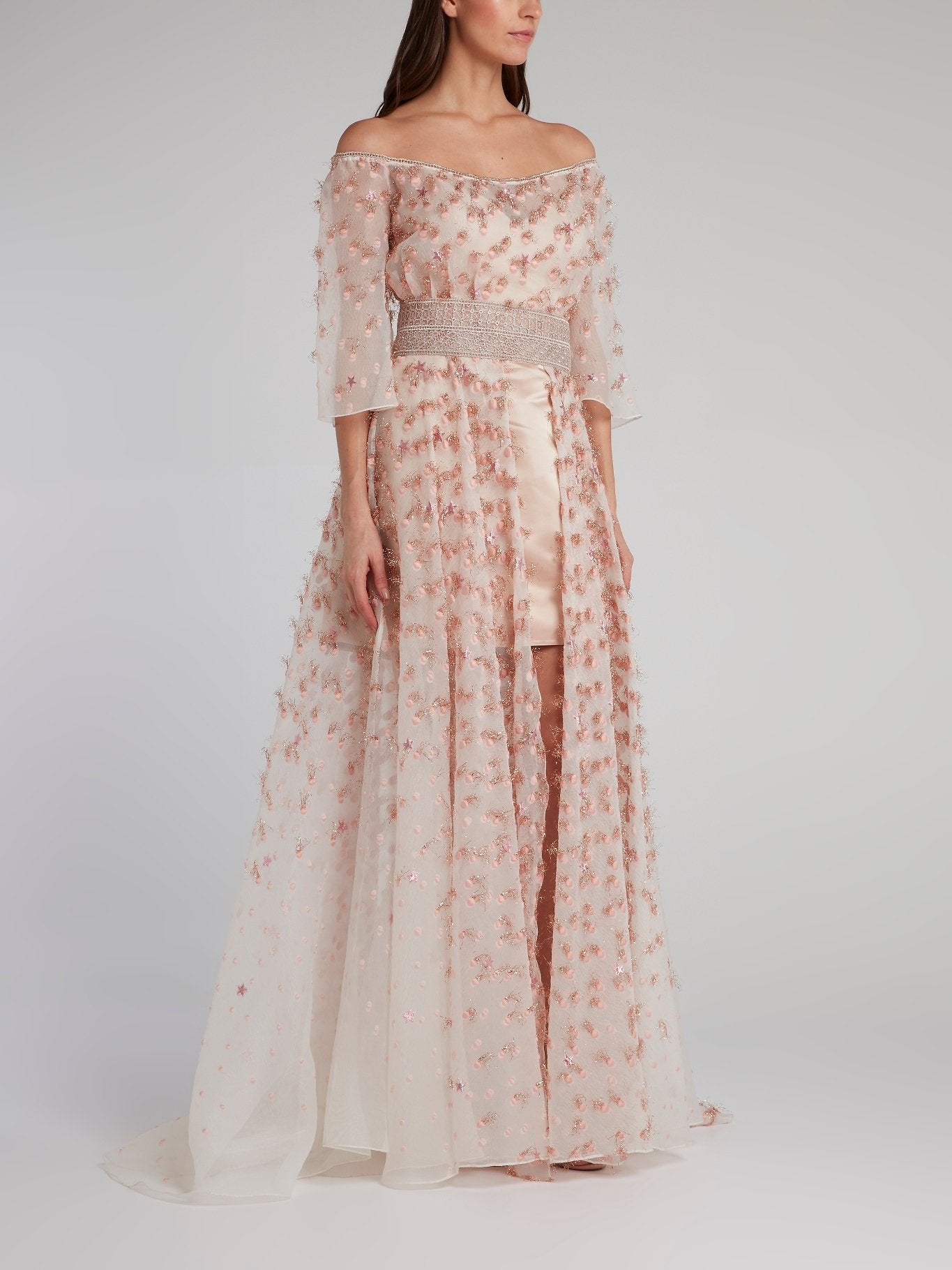 Pink Off-The-Shoulder Embellished Overlay Dress