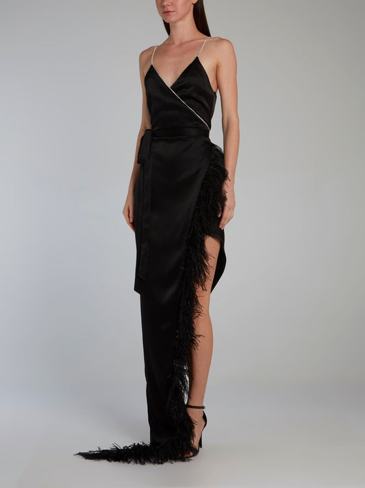 Black Crystal and Feather Trim Cami Wrap Gown