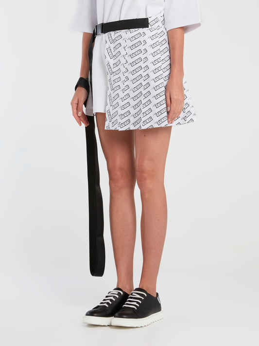 Monogram Print Belted Twill Mini Skirt