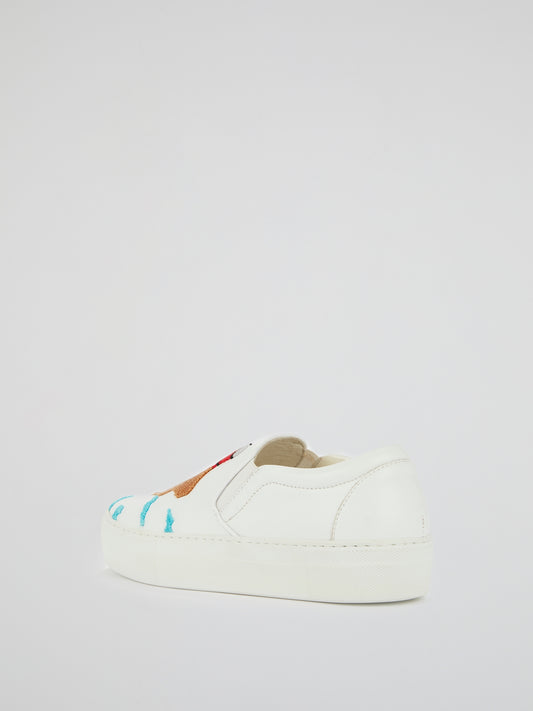 White Embroidery Slip On Trainers