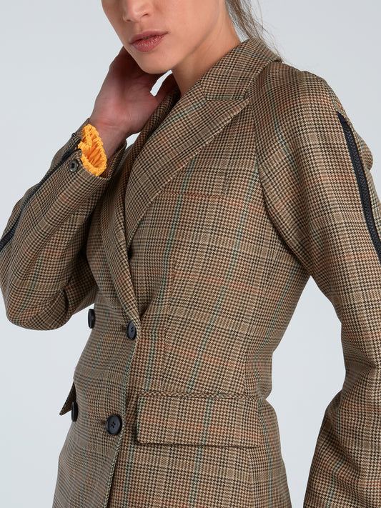 Double-Breasted Zip Sleeve Check Jacket